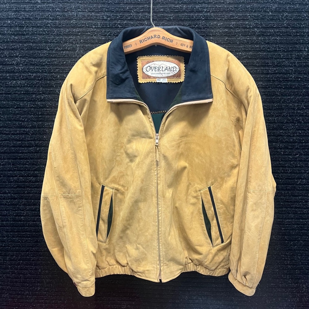 Overland Mens Tan Suede Leather Bomber Jacket Made in USA Size 42 Full Zip Tan